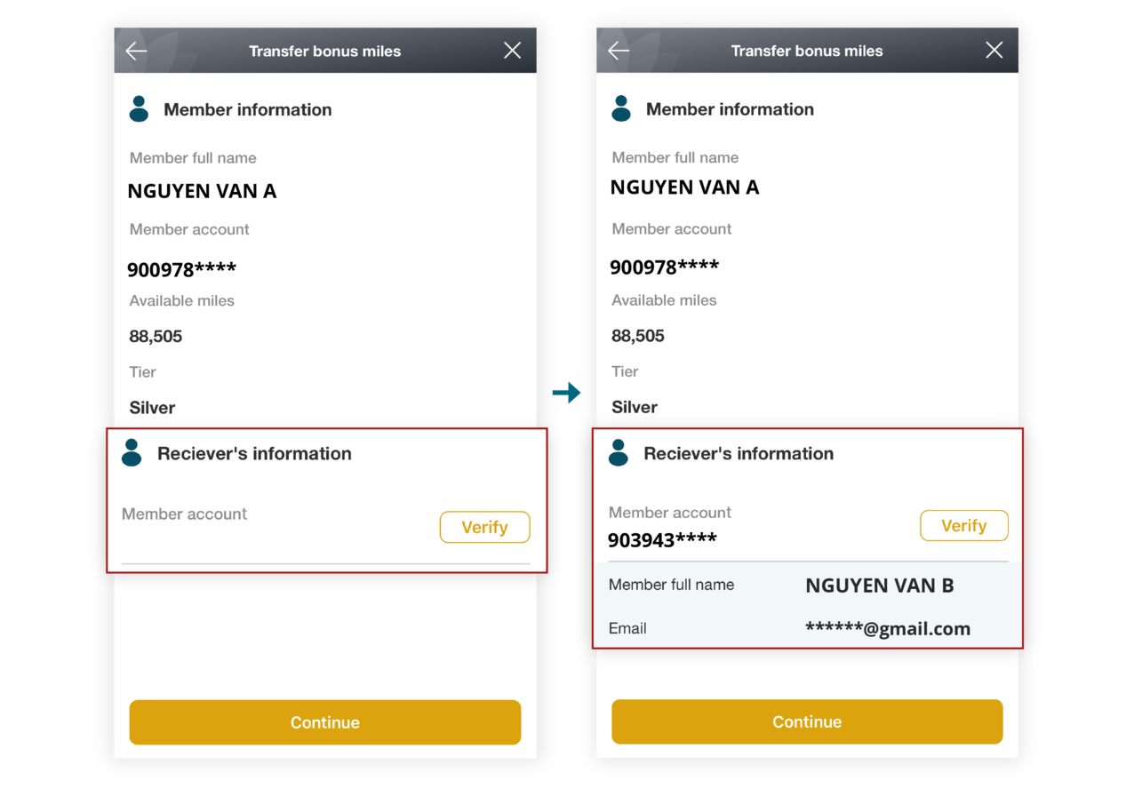 Instructions for transferring bonus miles on the app 3.